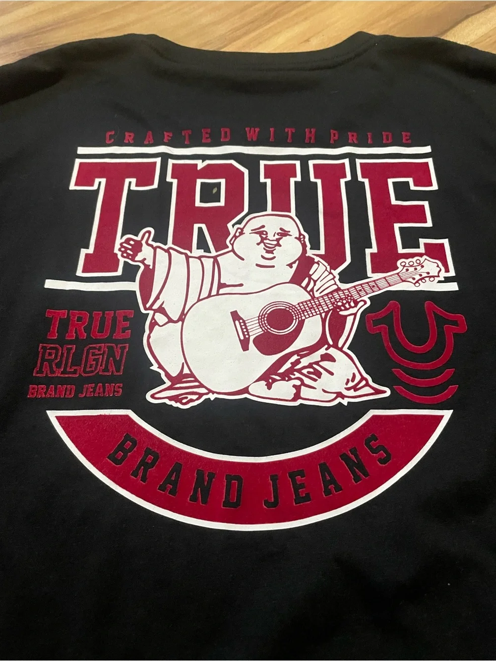 True Religion Black T-Shirt Red Block Letter Buddha Guitar Graphic Tee